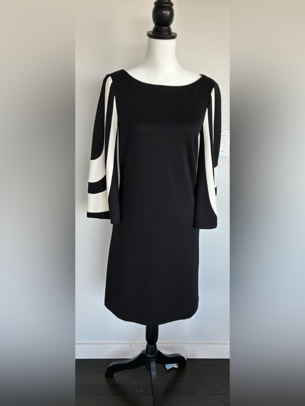 Trina Turk Black Midi Shift Dress with Black and White Flare Bell Sleeves